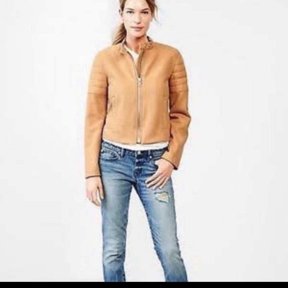 GAP Quilted Sleeve Camel Wool Blend Moto Jacket